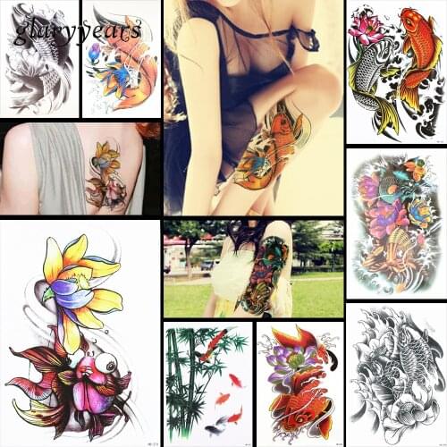 8 Pieces Fish Flower Pattern Design Tattoo Sticker Temporary Water Transfer Lotus Bamboo Decal Arm Body Art Tattoo Sticker HB#70