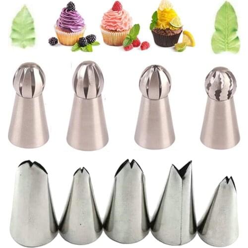 9PCS Torch Icing Piping Nozzle Leaves Russian Ball Pastry Tips Fondant Cupcake Sphere Shape Cream Baking Tools Stainless Steel
