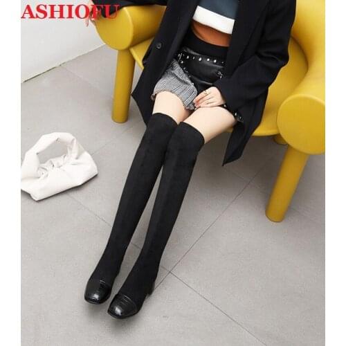 ASHIOFU Handmade Ladies Block-heel Fashion Boots Faux-suede Party Prom Dress Shoes Sexy Real Photos Evening Winter Long Boots