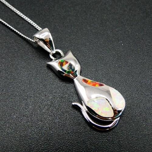 Australian Fire Opal Cute Cat Pendant Necklace 925 Sterling Silver For Gift