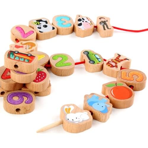 JaheerToy Wooden Educational Toys for Baby Kids Children Bead Game Stringing Threading Cartoon Animals Fruit Blocks