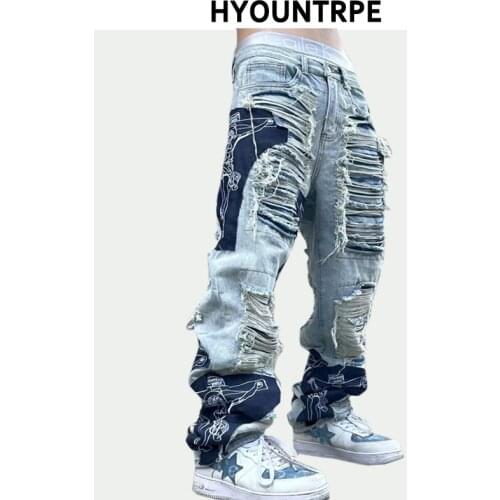 Men High Street Denim Jean Pants Casual Loose Destroyed Ripped Holes Straight Jeans Fashion Patchwork Hip Hop Streetwear Joggers