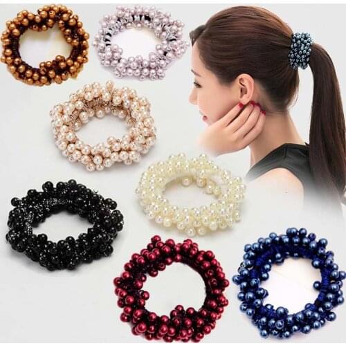 Elegant lady Rubber Band Rope Pearl Hair Ties Girls beaded Scrunchies Rubber Bands Ponytail Hair Accessories Elastic Hair Band