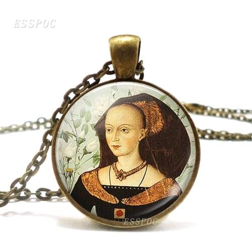 Elizabeth Woodville White Queen Bronze Necklace Jewelry Art Pendant Retro Style Literary Glass Dome Cabochon Gift