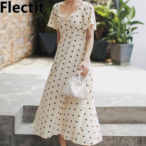 Flectit French Style Vintage 80s Polka Dot Long Dress Women Front Ruched Side Slit Short Sleeve Mid Length Holiday Dress