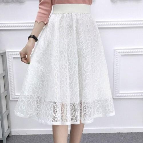 Women Skirt Summer Elegant Knee-length High Waist Skirts Mesh Tutu Pleated Skirt Female Double Layers Lace Solid Casual Gauze