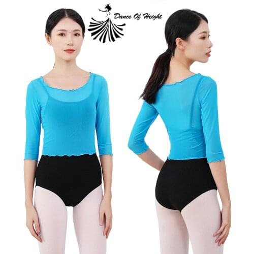 Gauze Classical Dance Shirt See Through Chinese Folk Dance Practice Cropped Top Yoga Basic Clothes Ruffle Round Neck Half Sleeve