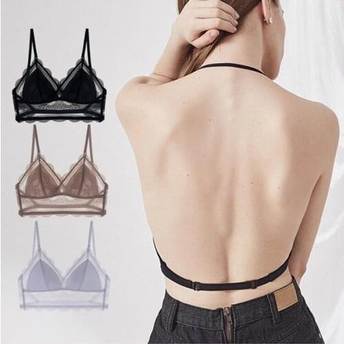 Honviey Lace sexy big backless bra triangle cup without steel ring invisible beauty back Comfortable tank top women plus size