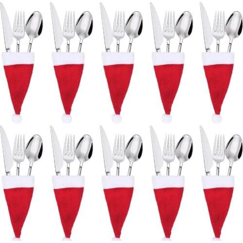 10Pcs Christmas Hat Pocket Knife Fork Holder Bag Christmas Decorations for Home 2021 Navodad New Year Kitchen Tableware Supplies