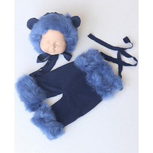 Blue Teddy Bear Suit Newborn Handmade Teddy Bonnet And Knit Romper Photography Props Fuzzy Hat And Overall With Baby Photo Props