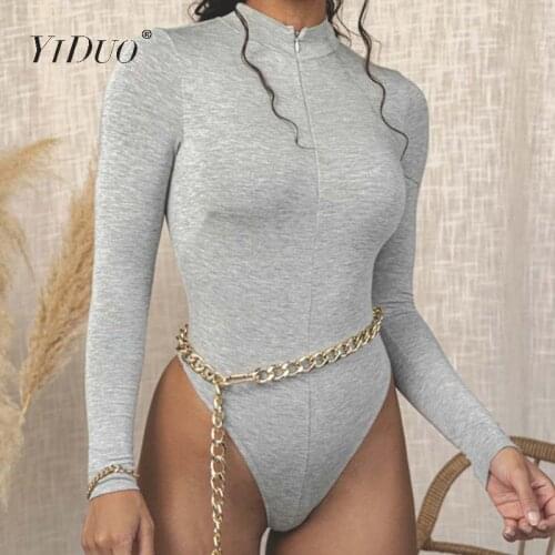 YiDuo Long Sleeve Front Zipper O Neck Women Casual Bodysuit 2020 Autumn Winter Solid Stretchy Skinny Sexy Bodycon Jumpsuit