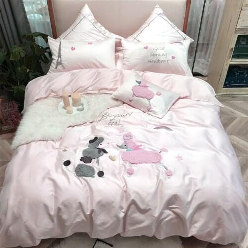 Luxury Egypt Cotton Cute Poodle Cartoon Bedding Set Embroidery Ruffles Duvet Cover Sets Bed Sheet Twin Queen King size 4/6/7Pcs