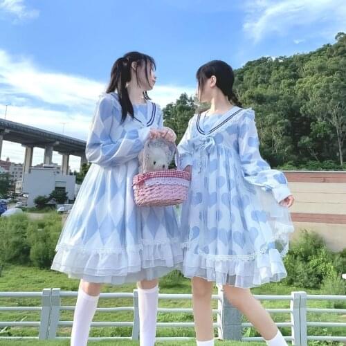 Long Sleeves Cute Women Lolita OP Dress Fairy A-line Vestidos Alice In Wondeland Sailor Collar Japanese Party Dress