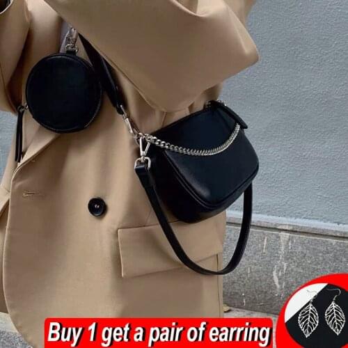 Fashion Pu Leather Shoulder Bag For Women Black Baguette Bag Chains Crossbody Bag Designer Armpit Handbag Girls Purse 2pcs bolso