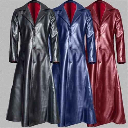 Men Solid Lapel Trench Coat PU Leather Overcoat Single-Breasted Long Outwear NEW V22