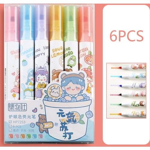 6PCS Eye Protection Highlighters Set Reusable Colored Markers Pens Permanent Markers for Children Students Note Taking