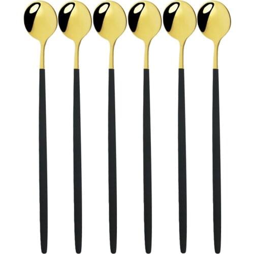 6Pcs Black Gold Long Handle Cutlery Stainless Steel Spoon Polished Stirring Drink Ice Cream Dessert Tea Spoon Dinnerware Set