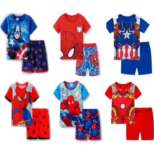 2021 New Summer Children Short Sleeve Sleepwear Spiderman Steelman Boys Cartoon Pyjamas Girl Clothing Nightwears Set US Team