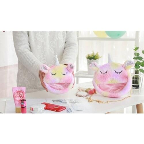 New arrive cartoon Unicorn plushed bag Girls cosmetic storage bag Soft and fashionable unicorn shoulders bag