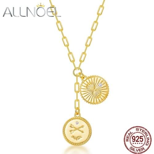 ALLNOEL Solid 925 Sterling Silver Necklace For Women Fashion Gold Plated Double Coin Arrow Shell Shape Engraving Necklace Gift