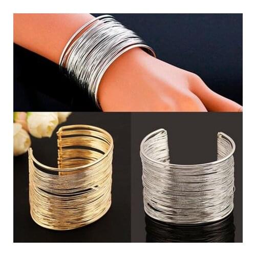 Punk Multilayer Strings Bracelet Zinc Alloy Wire Opening Cuff Bangle For Women Glittering Wrap Bracelet