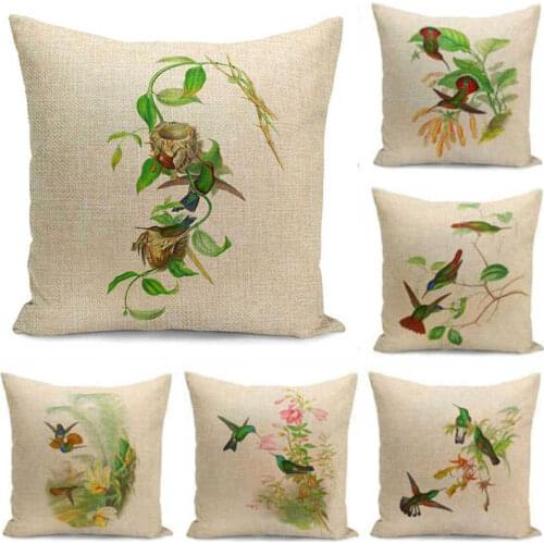 Cushion 18'' Cotton Linen Pillow Cases Plant Flowers and simple Hand-painted Retro Cover Birds
