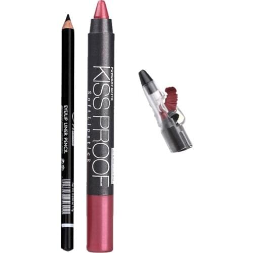 Professional Womens Non-stick Cup Lip Liner Lipstick Pen+Black Eyeliner Pencil+Sharpener