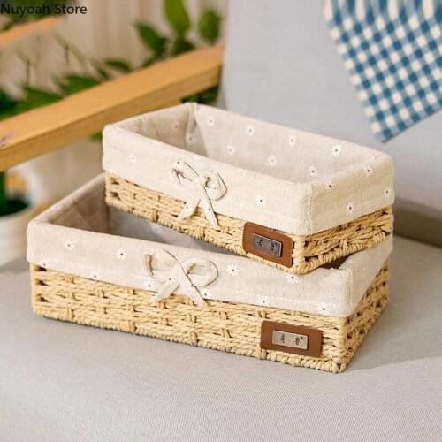 Straw Storage Basket Rattan Basket Fabric Desktop Storage Box Woven Frame Key Storage Basket Snack Storage Box Decoration