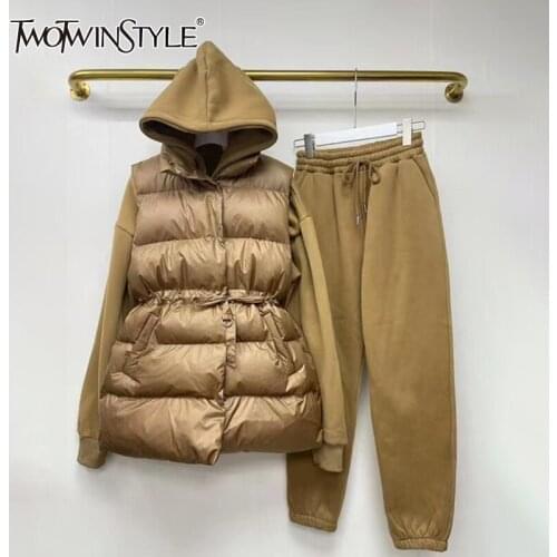 TWOTWINSTYLE Casual Loose Two Piece Set Women Lace Up Hooded Folds Pocket Top High Waist Pants Womens Set Autumn Style 2021 New