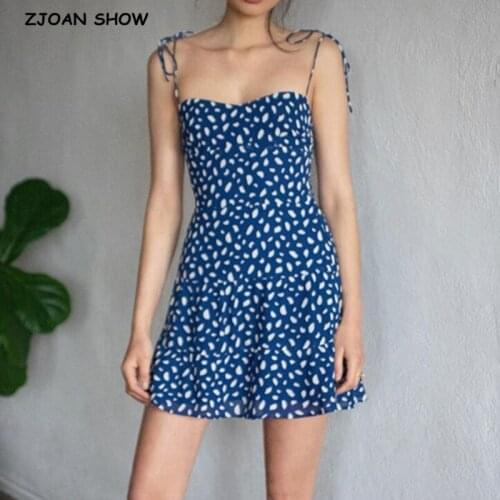 Vintage France Summer Blue Leopard Print Bandage Spaghetti Strap Short Dress Sexy Women Lacing Up Sling Party Dresses
