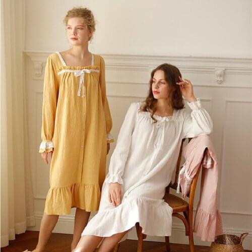 Pure Cotton Womens Long Nightgowns Sweet Girls Sleepwear Solid Color Elegant Loose Night Dress Home Wear