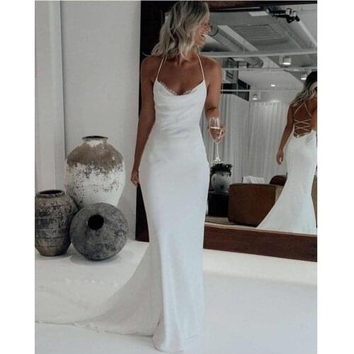 Sexy Long Cowl Neck Lace Wedding Dresses Mermaid Spaghetti Straps Criss Cross Back Court Train Bridal Gown For Women