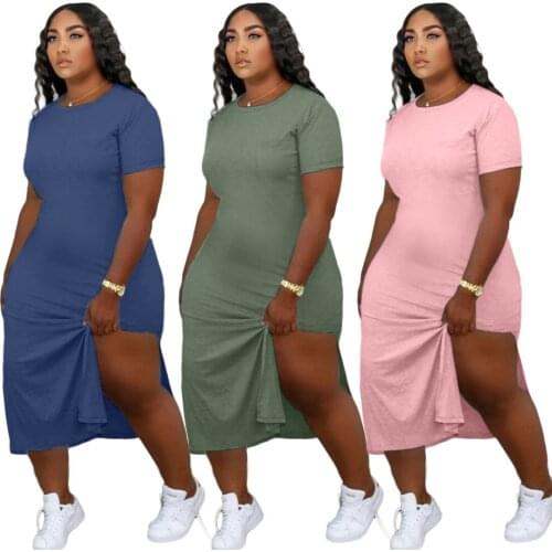 2021 New Women Casual Loose Short Sleeve Solid O-neck Split Dress