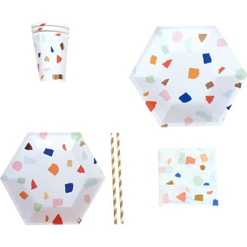 89 Pcs Setting New cake plate party plate cup paper towel disposable paper tray hexagonal bronzing color panda