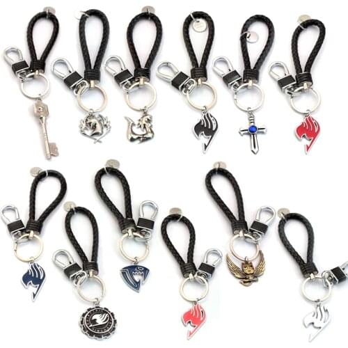 Anime Fairy Tail Leather Keychain Hollow Enamel Pendant Braided Rotatable Key Chain Rings Cosplay Men Car Accessories llaveros