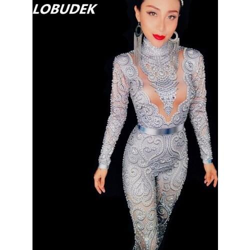Sparkly Glass Stones Pearl Jumpsuit Sexy Skinny Silver Gray Rhinestones Bodysuit Lady DJ Bar Singer Catwalk Party Stage Costume