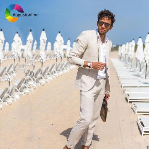 Ivory/Beige Linen Men Suits Beach Wedding Suit Pants Latest Designs 2Piece Slim Fit Best Man Blazers Jacket Tailored Prom Wear