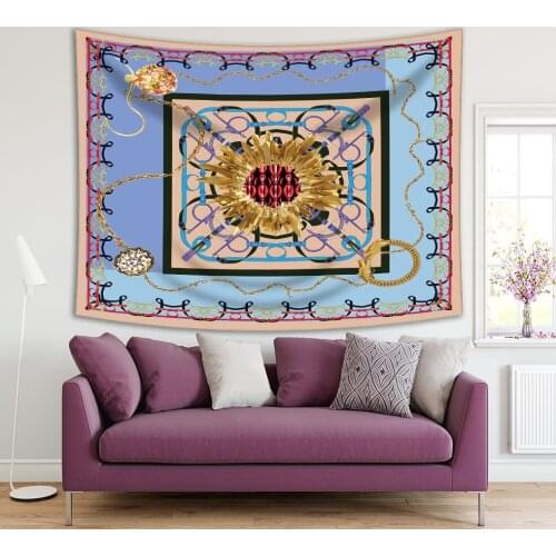 Tapestry Square Scarf Fabric Design with Gold Chain Diamond Jewelry Pattern Artwork Blue Yellow