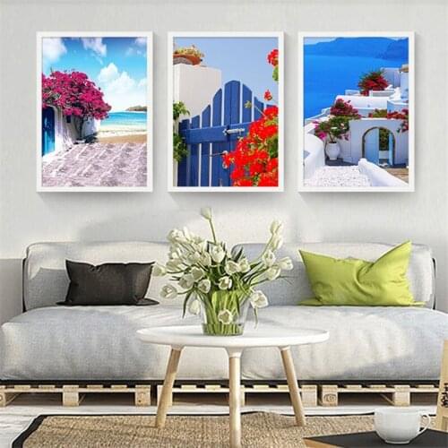 Greece Aegean Sea City Scenery Blue House Church Ocean Flower Plant Canvas Painting Wall Picture Poster Living Room Decoration