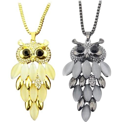 Classic Design Retro Synthetic Opal Owl Pendant Necklaces Long Shopping Jewelry for Women Party Anniversary Accessory