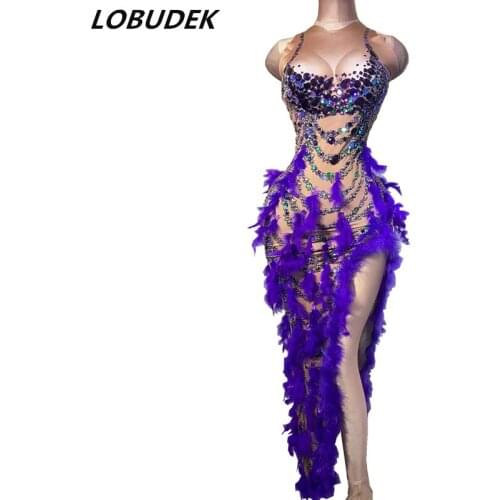 Ballroom Costume Multi-color Sequin Rhinestones Feather Slit Long Dress Women Singer Dancer Sexy Stage Nightclub Party Outfit