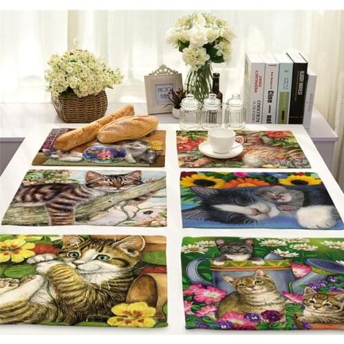 1Pcs Cute Cat Flower Pattern Placemat Dining Table Mats Cotton Linen Drink Coaster Western Pad Cup Mat 42*32cm Home Decor MA0029