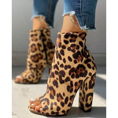 Leopard Snakeskin Open Round Toe High Chunky Heel Women Ankle Boots Big Size 43 Ladies Short Boots