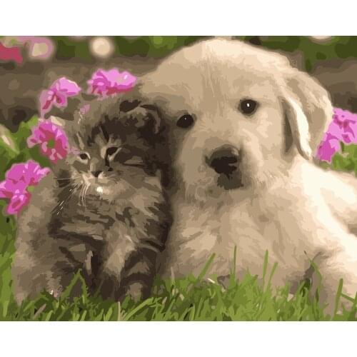MaHuaf-i619 The dog and cat on the grass DIY painting by Numbers animal Hand-painted canvas digital oil paintings for hoem decor