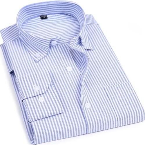 2019 Spring Autumn New Mens Striped Oxford Spinning Casual Long Sleeve Shirt Blue Comfortable breathable Collar Button Design