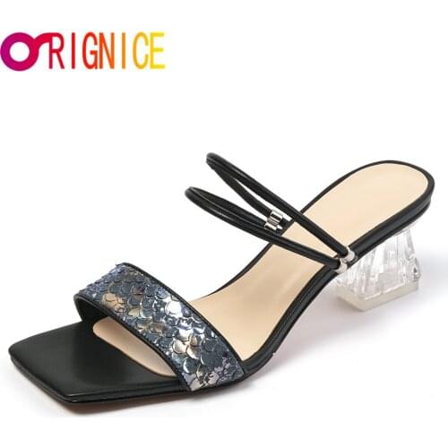 Orignice Hot Sale New Size 34-42 Women Gladiator Sandals Crystal Transparent Square Heel Sexy Summer Genuine Leather Party Shoes
