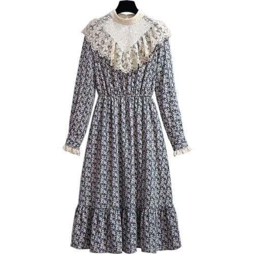 PERHAPS U Khaki Blue Stand Collar Long Sleeve Lace Patchwork Floral Autumn Midi Dress A-Line Elegant D2084