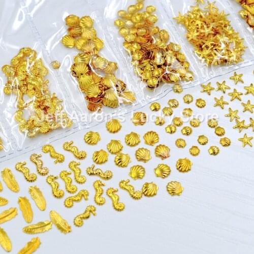 Mixed styles gold metal 3d nail art decorations scallop conch shell seahorse nails accessoires supplies tools marine style