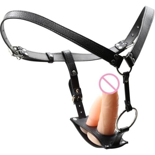 Adjustable Strap On Harness Leather Chastity Belt with Silicone Butt Plug Penis for Bdsm Fetish Sex Products for Gay Women Men
