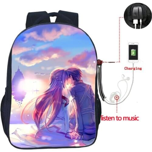 Beautiful Sword Art Online USB Charge Shoulder Backpack School Rucksack Student Notebook Bags Men Women Laptop Knapsack